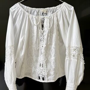 White Lace Peasant Blouse with Crochet Panels
